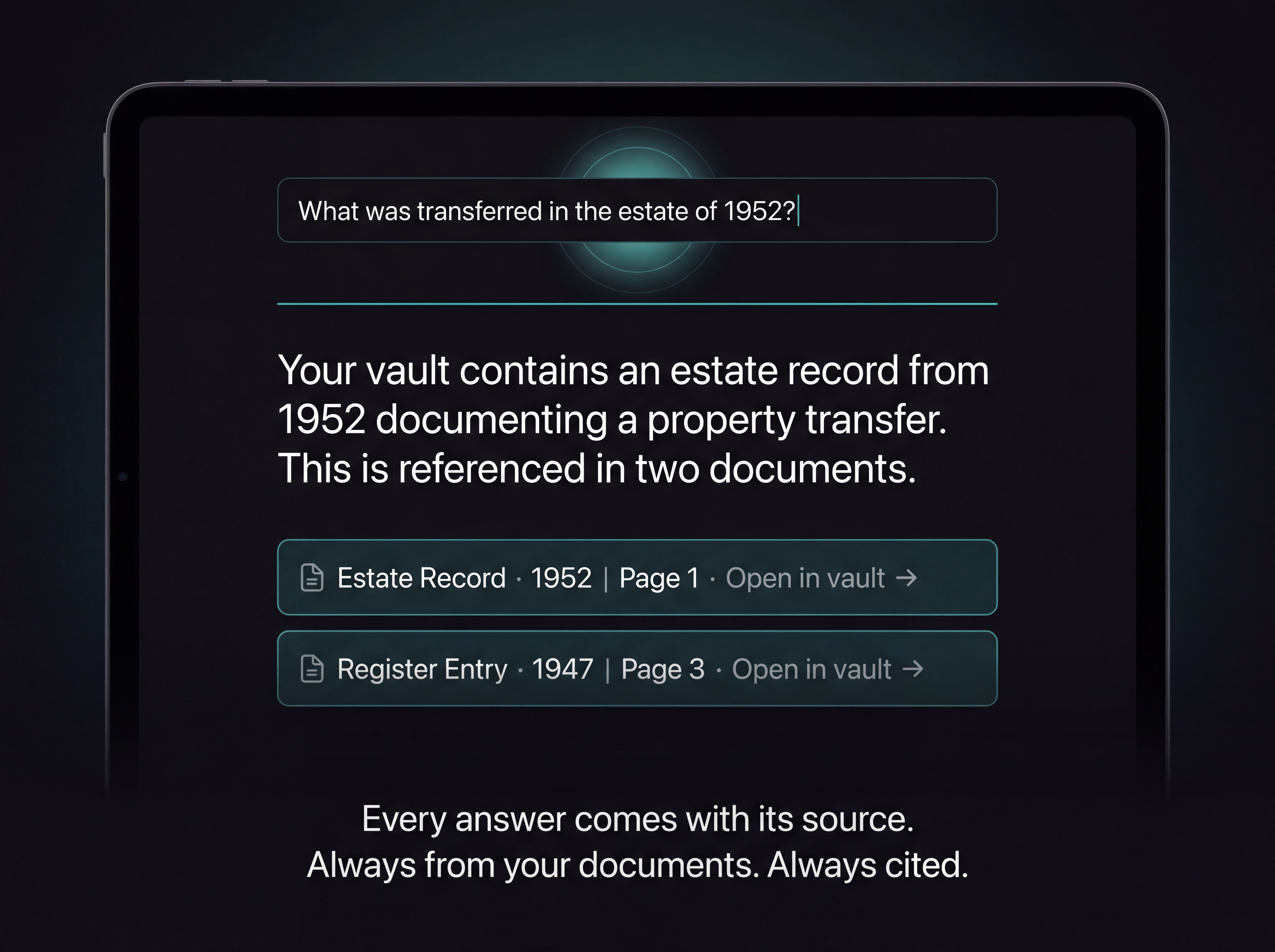 Dark mode intelligence interface showing a natural language question about family history with an AI answer and a glowing source citation badge