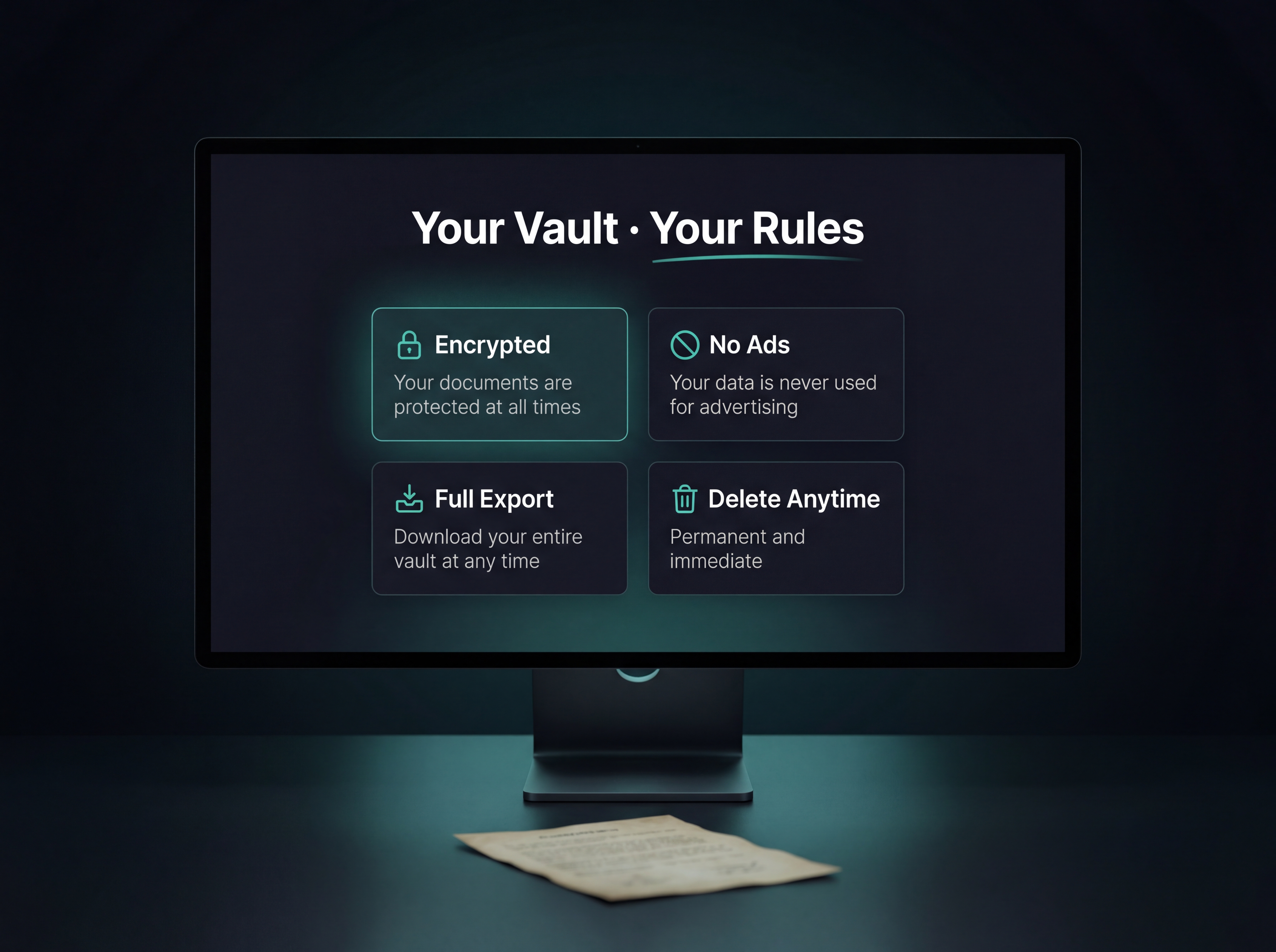 A monolithic dark vault door slightly ajar, revealing a warm golden glow from within — suggesting family heritage documents safely stored inside