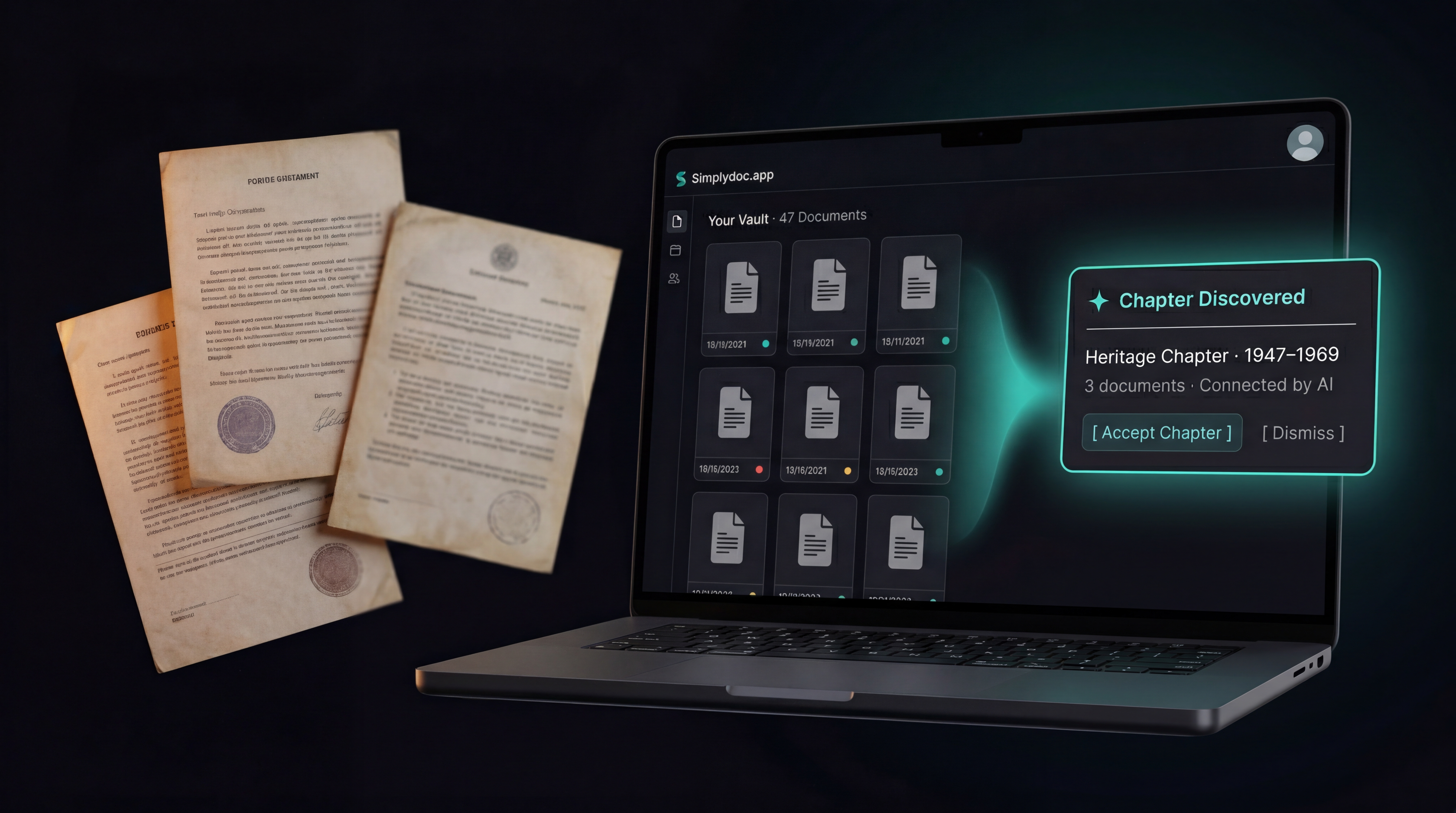 A Simplydoc.app vault interface showing document intelligence and RECALL search results