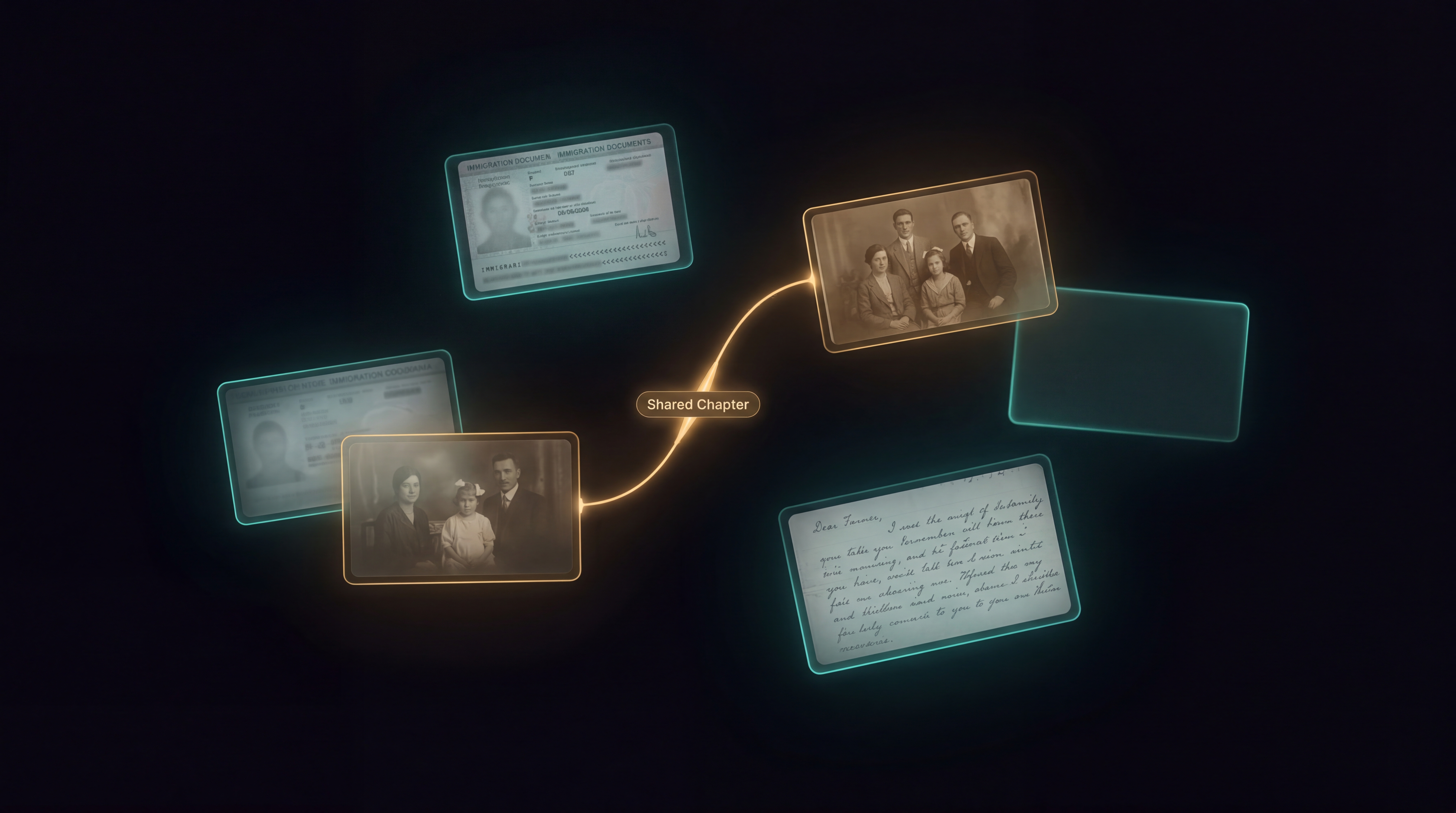 Five glowing vault asset cards floating in constellation formation, two connected by a glowing gold thread labeled Shared Chapter