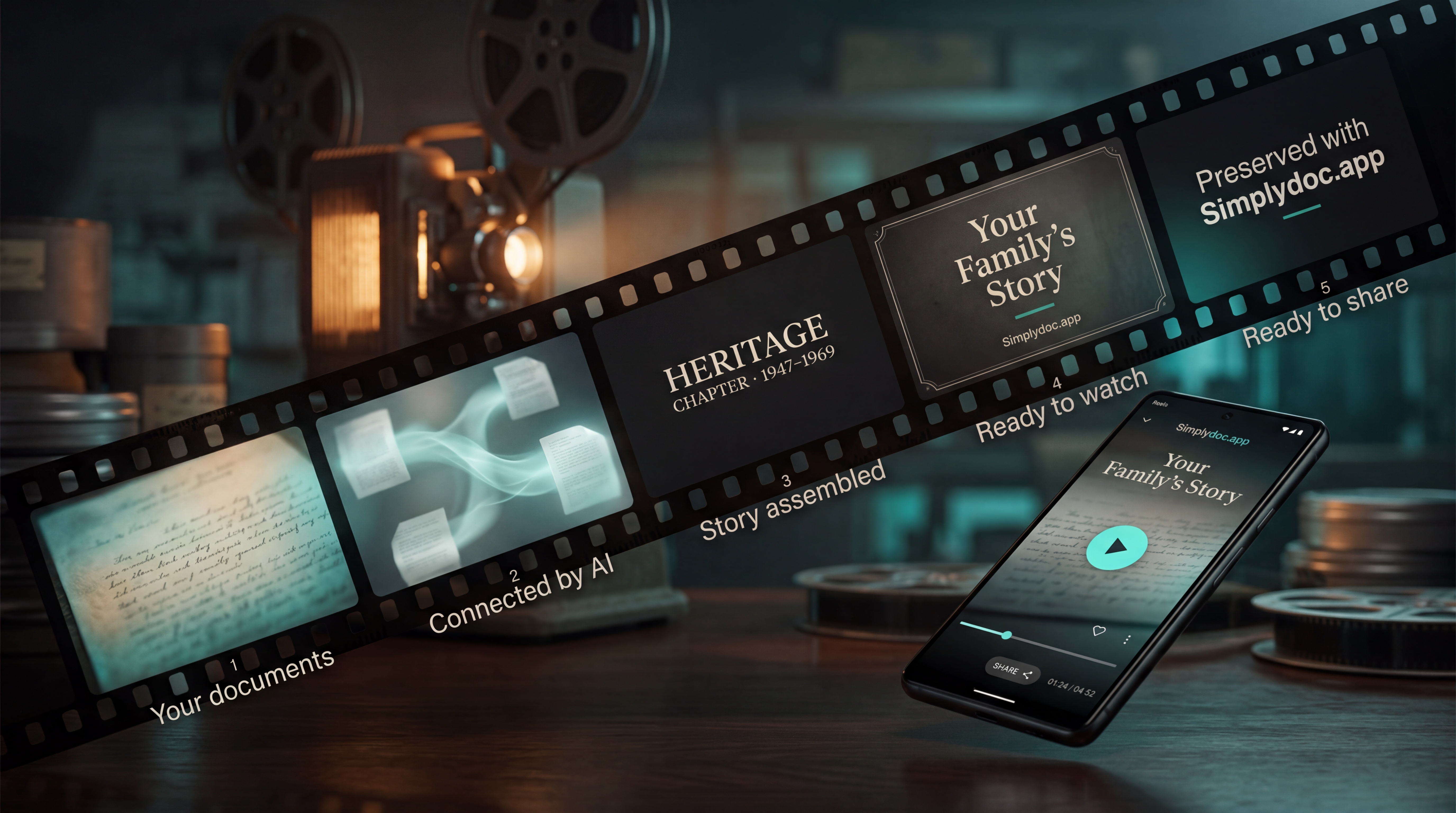 A cinematic film strip showing family photos from different eras — sepia 1940s portrait, 1970s color snapshot, modern family photograph — with a glowing play button