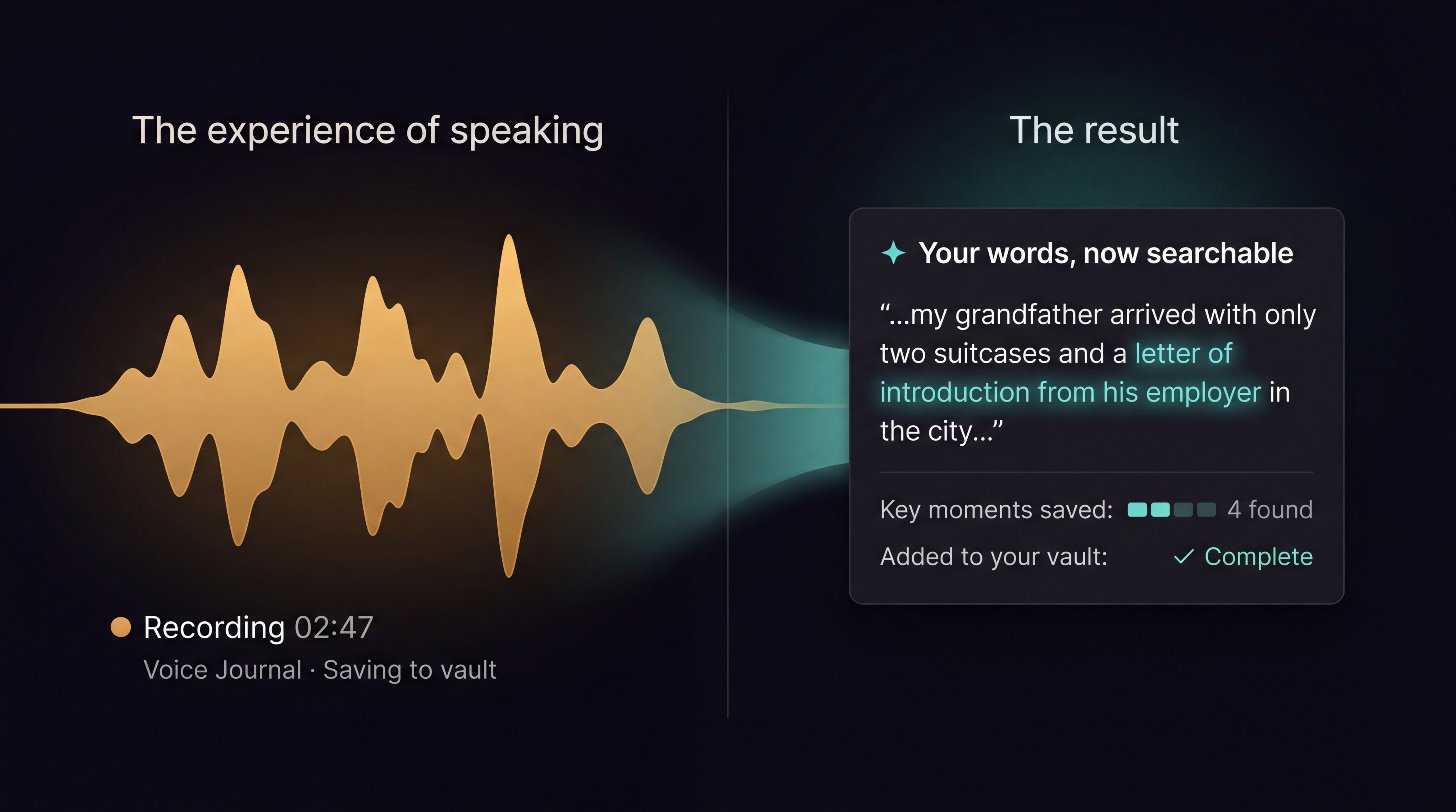 Sound waves in warm gold transforming into flowing lines of transcribed text on a dark background