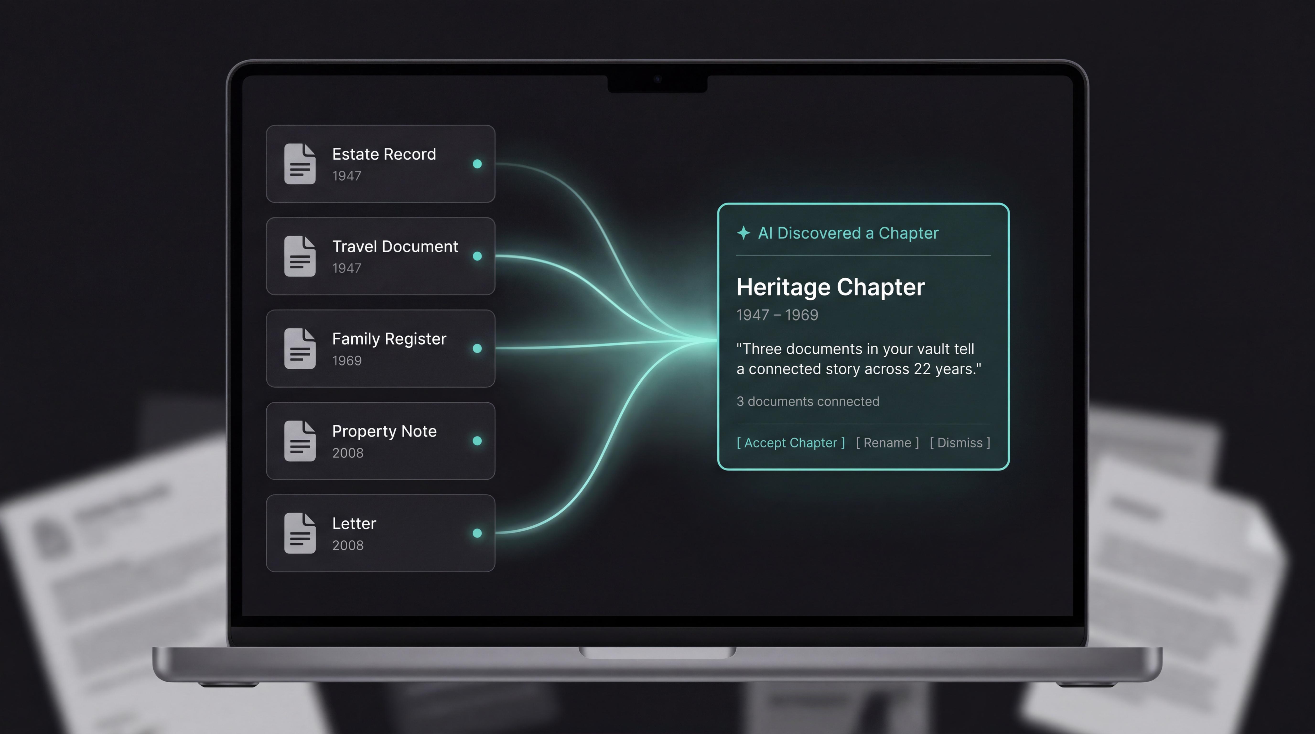 Multiple heritage documents connected by luminous golden threads in dark space, converging to reveal a Traced Chapter card titled 'Family Journey'